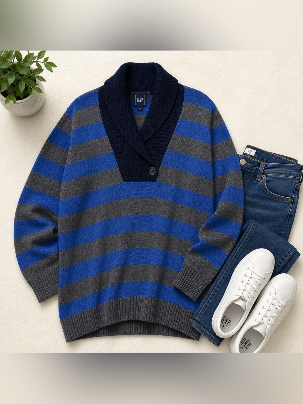 Gap Oversized Stripe Shawl Collar Sweater XXL Coastal Grandma NWT